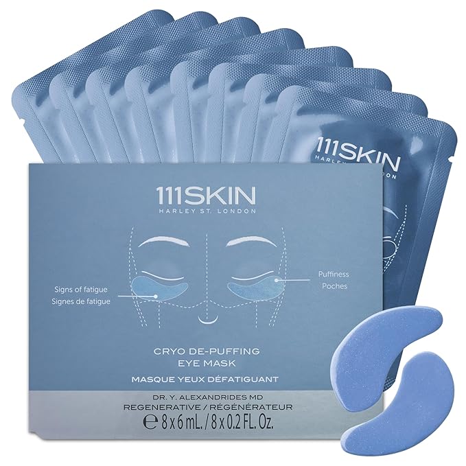 111SKIN Cryo De-Puffing Eye Mask, Hydrating Under Eye Patches for Puffy Eyes & Dark Circles with Seaweed Extract, Vit E & Peptide Complex, Nourishing Formula for Fine Lines & Puffiness, 8 Pairs, Blue