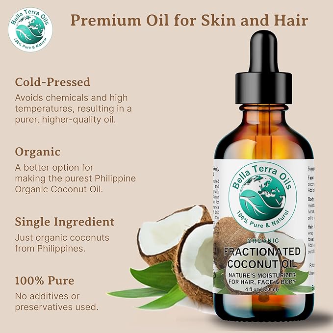 Bella Terra Oils - Organic Fractionated Coconut Oil (MCT) 4 oz - A Treasured Elixir from Coconut, Enriched with Caprylic & Capric Acid, The Ultimate Carrier for Mixing Oils