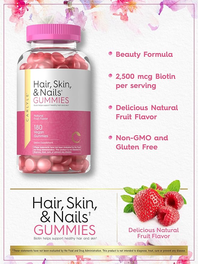 Carlyle Hair, Skin and Nails Gummies | 180 Count | Fruit Flavor Gummy Vitamins | with Biotin | Non-GMO, Gluten Free