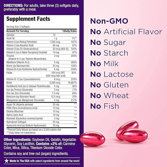 Nature's Bounty Hair, Skin & Nails Rapid Release Softgels, Argan-Infused Vitamin Supplement with Biotin and Hyaluronic Acid, Supports Hair, Skin, and Nail Health for Women, 150 Count (Pack of 8)