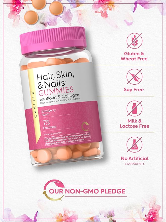 Carlyle Hair Skin and Nails Vitamins | 75 Gummies | with Biotin and Collagen | Gummy Supplement for Women | Strawberry Flavor | Non-GMO, Gluten Free