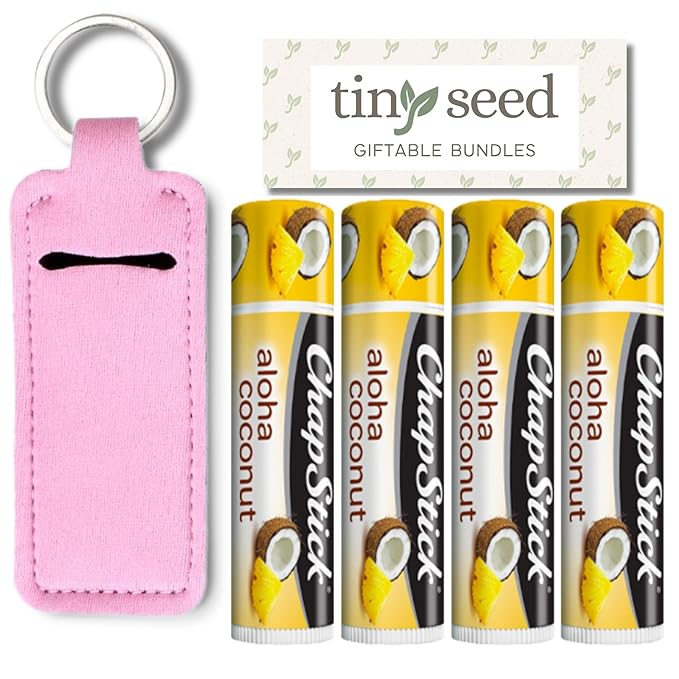 Set of 4 Lip Balms in Aloha Coconut Flavor from Chapstick, Plus Bonus Lip Balm Holder Keychain (Pink). Limited Edition Flavor from the Tropical Paradise Collection, Unique Gift Bundle from Tiny Seed