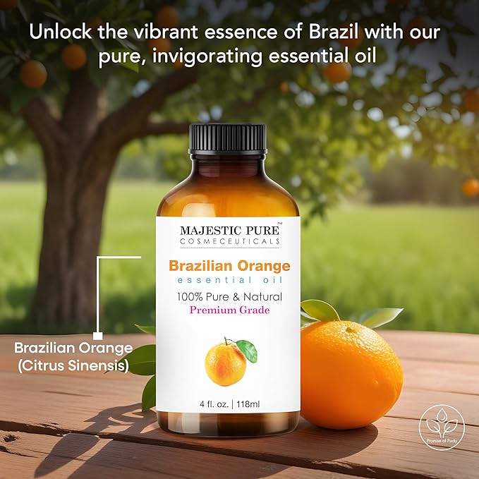 MAJESTIC PURE Brazilian Orange Essential Oil | 100% Pure and Natural | Premium Grade Essential Oils for Hair Care, Home Diffusers, Skin, Aromatherapy, Massage and Humidifiers | 4 Fl Oz