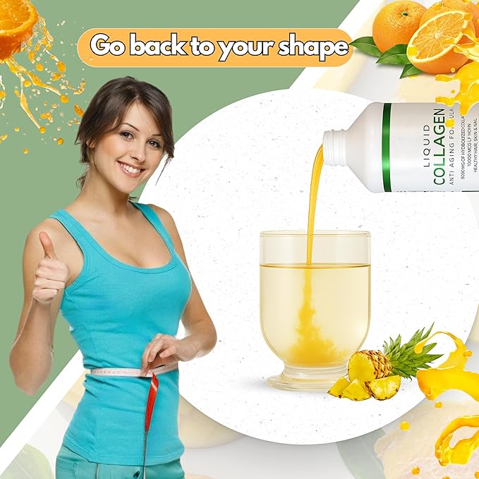 Liquid Collagen for Women & Men-Pine'O'Range Flavored Premium Grade 10000 mcg Biotin+8000 mg of Hydrolyzed Collagen for Radiant Skin Glow,Anti-Aging,Hair Growth & nice Nails.16 fl oz-Made in USA