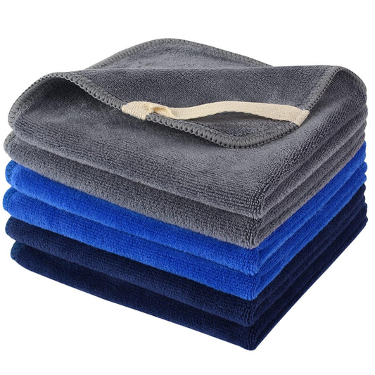 SINLAND Microfiber Facial Cloths Fast Drying Washcloth 12inch x 12inch (6pack, Blue+Navy Blue+Grey)
