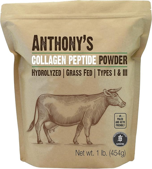 Anthony's Collagen Peptide Powder, 1 lb, Pure Hydrolyzed, Gluten Free, Keto and Paleo Friendly, Grass Fed, Unflavored, Non GMO