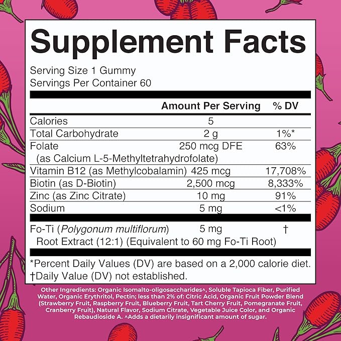 MaryRuth's Biotin Gummies | Sugar Free | Vegan | Non-GMO | 2,500 mcg Biotin Supplement | Hair Skin and Nails Vitamins | Hair Growth Vitamins | Hair Growth Supplement | 60 Count