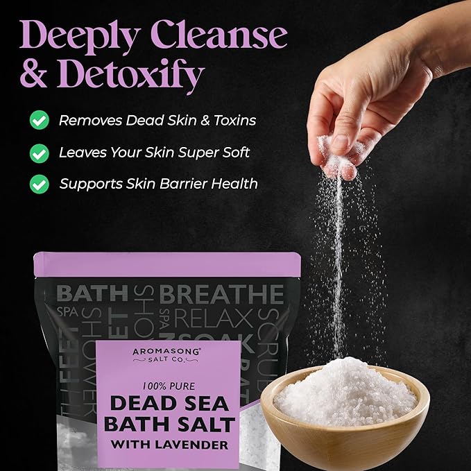 Aromasong Pure Dead Sea Salt for Soaking with 100% Natural Lavender, 19 LB - Spa Bath Salt Fine Grain - Body Wash Scrub - Soak for Women & Men- Bulk Resealable Pack (Packaging May Vary)