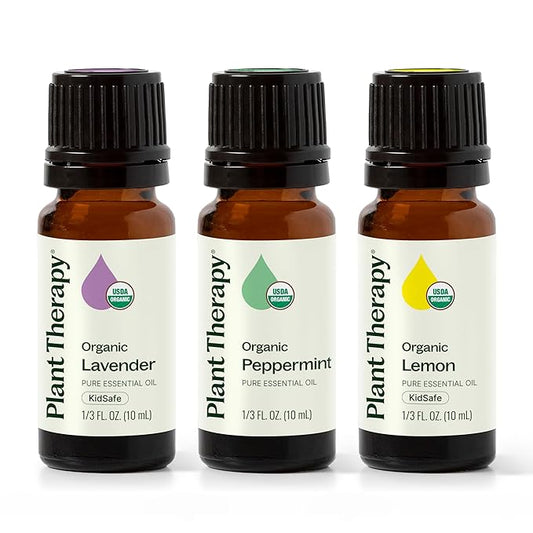 Plant Therapy Top 3 Organic Essential Oil Singles Set 10 mL (1/3 oz) Lemon, Lavender & Peppermint 100% Pure Essential Oils, Undiluted, Natural Aromatherapy for Diffusion and Body Care