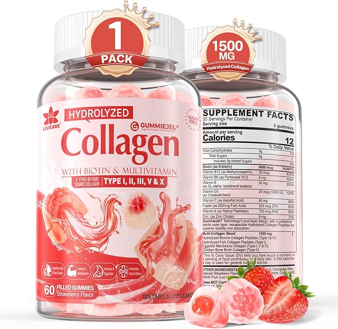 Collagen Peptide Gummies for Women & Men Sugar-Free, Multi Collagen Hydrolyzed w/ 1500mg Protein Type I,II,III,V,X, 5000mcg Biotin, Methylated B12, Vitamin C A E D3 B6 for Skin Hair Nails, Bone, 60Cts