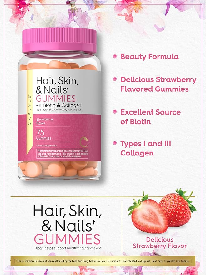 Carlyle Hair Skin and Nails Vitamins | 75 Gummies | with Biotin and Collagen | Gummy Supplement for Women | Strawberry Flavor | Non-GMO, Gluten Free