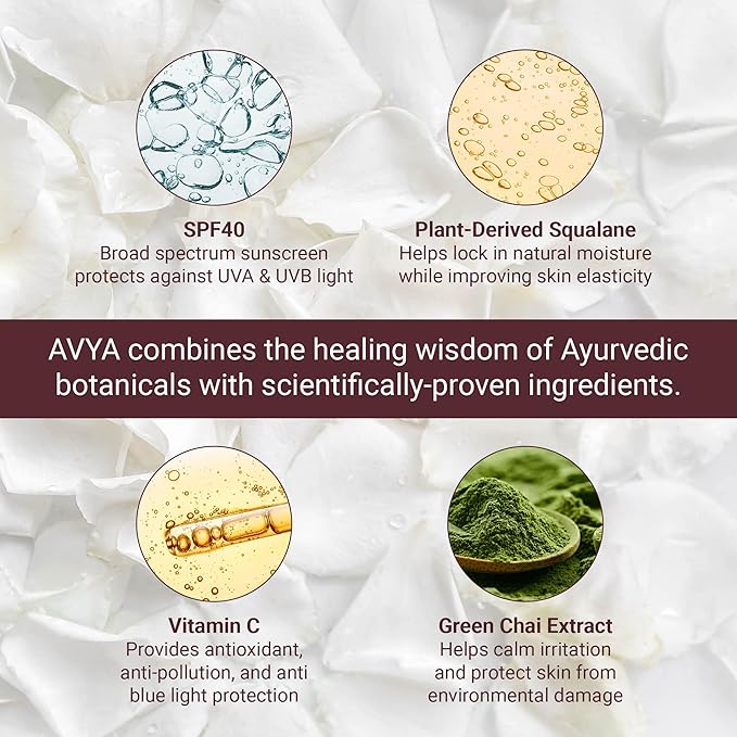 AVYA SPF 40 Sheer Tinted Moisturizer with Hyaluronic Acid & Green Chai – Advanced Ayurvedic Skincare Treatment for Balanced and Brighter Skin/Fair & Light Skintones Shade #1 (1.7oz/50ml)