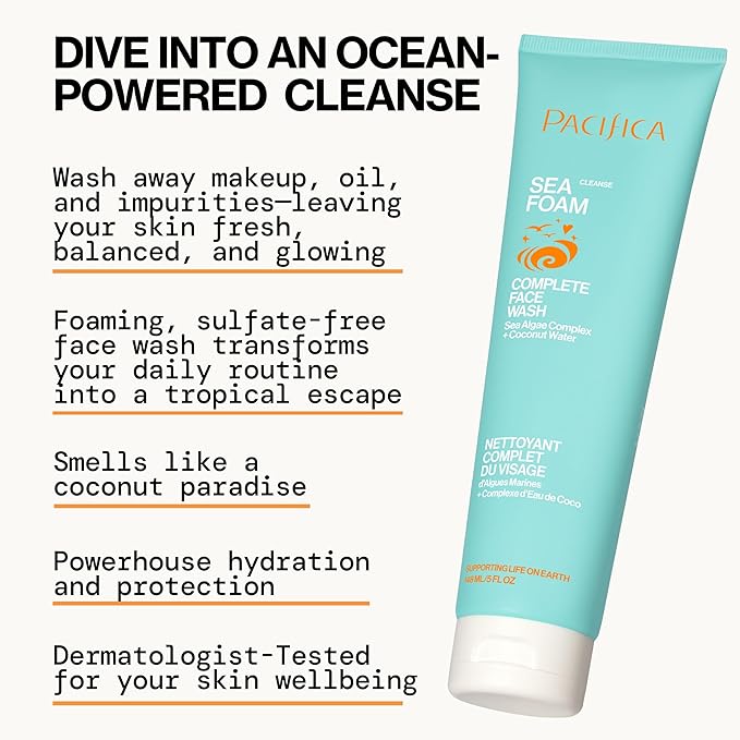 Pacifica Face Wash - Sea Foam Mini Travel Size, Skincare, Daily Gentle Foaming Cleanser, Makeup Remover, Face Cleanser, Skin Care, For Combination and Oily Skin, Vegan, 1.4 fl oz (1 Count)