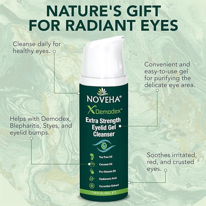 NOVEHA Demodex Extra Strength Eyelid Gel Cleanser - for Demodex, MGD and Dry Eye with Pro-Vitamin B5, Tea Tree Oil, and Hyaluronic Acid - Gentle Cleansing, Soothes Itchy Eyelid - 50mL (2 Pack)