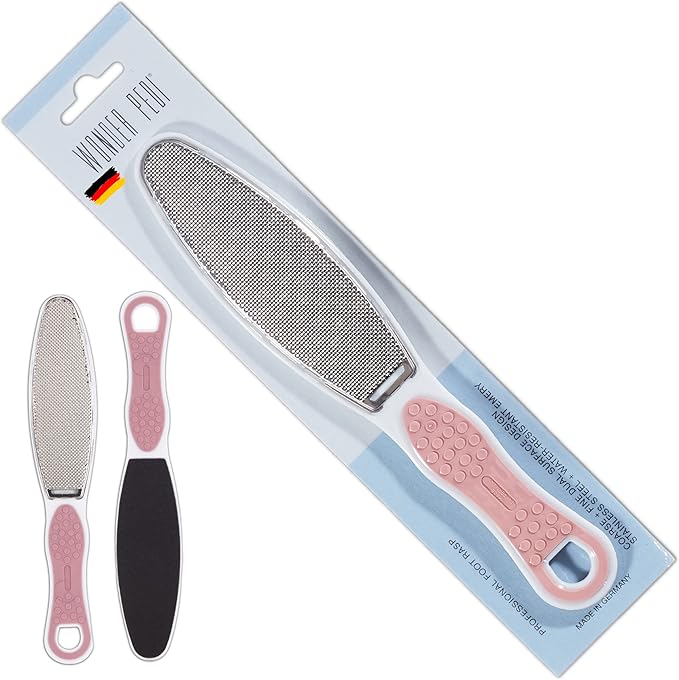 Made in Germany Double Sided Foot File Callus Remover, Stainless Steel and Emery Sides Feet Scrubber, Professional Pedicure Foot Care Tool Rasp, Long Lasting Foot Buffer, Heel Scraper, Wonder Pedi
