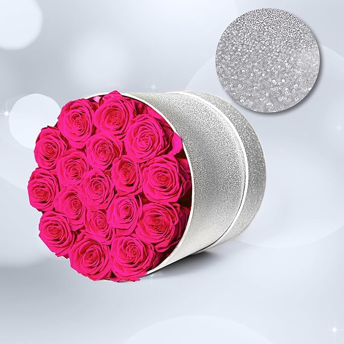 17 Hot Pink Flowers in Glitter Box, Birthday Gifts for Women, Preserved Flowers, Mothers Day Roses Gift for Mom