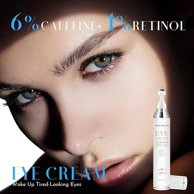 6% Caffeine + 1% Retinol Eye Cream for Dark Circles, Puffy Eyes & Bags | 360° Massage Ball for Fine Lines | Collagen & Centella | Anti-Aging Under Eye Care for Sensitive Skin Men & Women(0.7fl.oz)