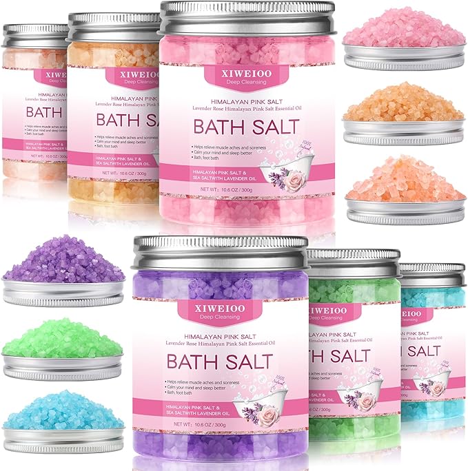 6 Pack Bath Salt KIT for Soaking Himalayan Pink Salt Lavender Orange Rose Pink Scent Epsom Salt Bubble Bath for Women Gift with Dead Sea Salt Moisturizing Skin Essential Oil