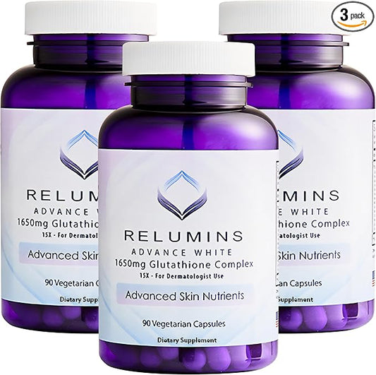 Relumins L-Glutathione Complex 1650mg - Antioxidant Support with Alpha Lipoic Acid, NAC, L-Methionine, Vitamin E - Halal & cGMP Certified, Skin Health Supplement - 90 Vegetarian Capsules x 3 Bottles
