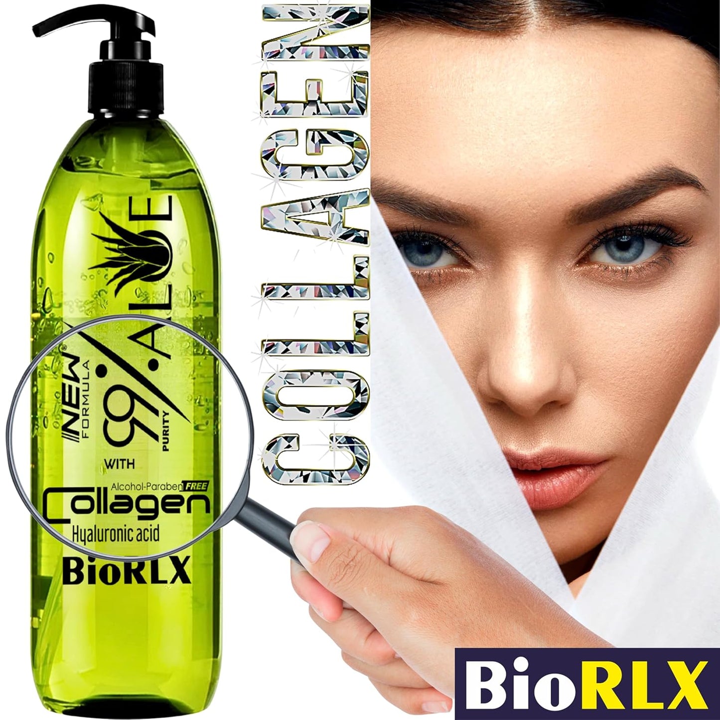 BioRLX 99% Aloe Vera Gel with Collagen and Hyaluronic Acid 250 Ml 8.5 Fl Oz - For Face Body, Hair & Scalp, After Sun Relief, Natural, Soothing, Hydrating