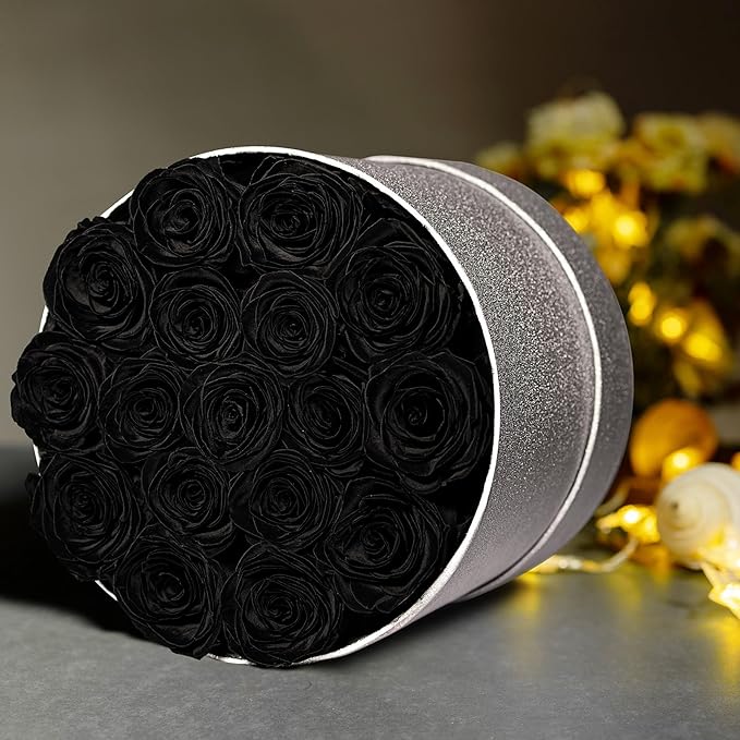 17 Black Flowers in Glitter Box, Birthday Gifts for Women, Preserved Flowers, Mothers Day Roses Gift for Mom