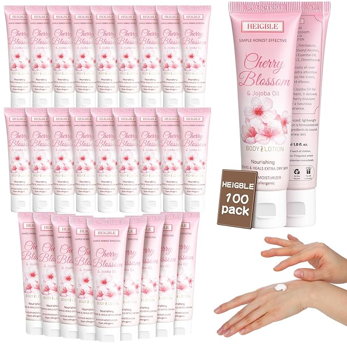 100 Pack Travel Size Body Lotion Cherry Blossom and Jojoba Oil Body Cream 1 oz Dry Skin Moisturizer with Flip Cap for Extra Dry Skin, Inns, Hotels Resorts, Airlines, Offices, Gyms and More