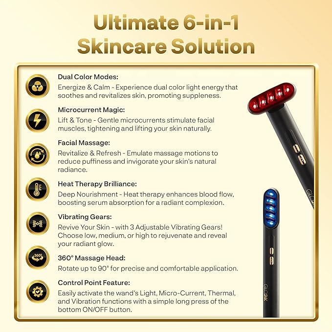 GLO24K 6-IN-1 Beauty Therapy Wand for the Face, Eyes, and Neck. Based on Dual LED Light Therapy, Thermal, Vibration, and Micro-Current Technologies.Skin Rejuvenation