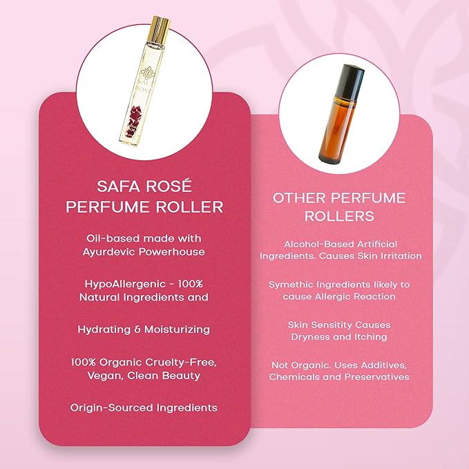 SAFA Rosé Organic Rose Oil Perfume Roller | Bulgarian Damask & Indian Rose Petals | 10 mL Fragrance Oil for Women & Men | Non-Toxic, Alcohol-Free, Natural Perfume Oil Roll-On