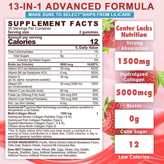 Collagen Peptide Gummies for Women & Men Sugar-Free, Multi Collagen Hydrolyzed w/ 1500mg Protein Type I,II,III,V,X, 5000mcg Biotin, Methylated B12, Vitamin C A E D3 B6 for Skin Hair Nails, Bone, 60Cts