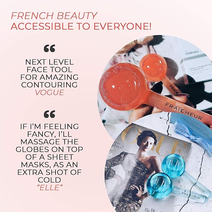 FRAÎCHEUR ICE GLOBES | Frozen Cryo Roller for Cold Facial Massage | Skincare Cooling Glass Massager with Anti-Freeze Liquid Inside | Reduce Puffiness, Pores and | Bonus Massage Techniques eBook (BLUE)