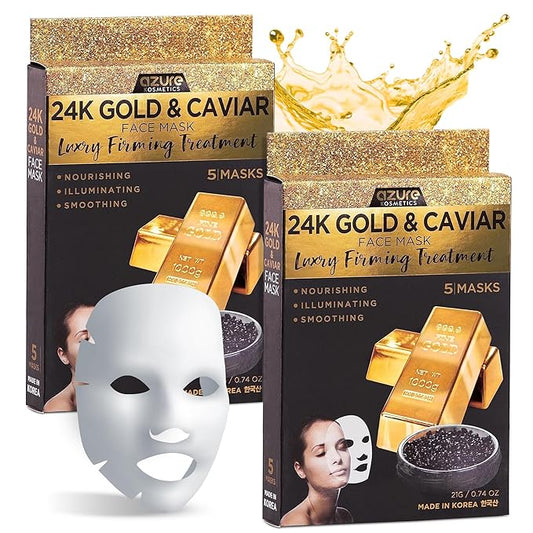 AZURE 24K Gold and Caviar Anti Aging Luxury Face Mask - Hydrating & Firming Facial Mask - Helps Reduce Wrinkles & Fine Lines - With Hyaluronic Acid & Collagen - Skin Care Made in Korea - 10 Pack