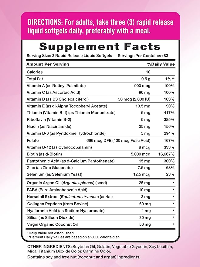 Nature's Truth Hair, Skin & Nails Vitamins | 5000mcg | 250 Softgels | Includes Collagen, Biotin and Coconut Oil | Non-GMO & Gluten Free Supplement for Women and Men