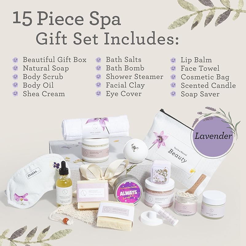 Lizush Luxury Spa Gifts for Women - 15 Piece Lavender Gifts for Her, Gift Baskets for Women, Body Care Set for Mom, Birthday Box, Self Care Spa Kit For Wife - Handmade in the USA