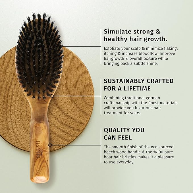 SHASH Everyday 100% Boar Bristle Hair Brush - Made in Germany | Suitable For Thin To Normal Hair, Firm, and Naturally Conditioning | Enhance Texture, Exfoliate, and Stimulate the Scalp