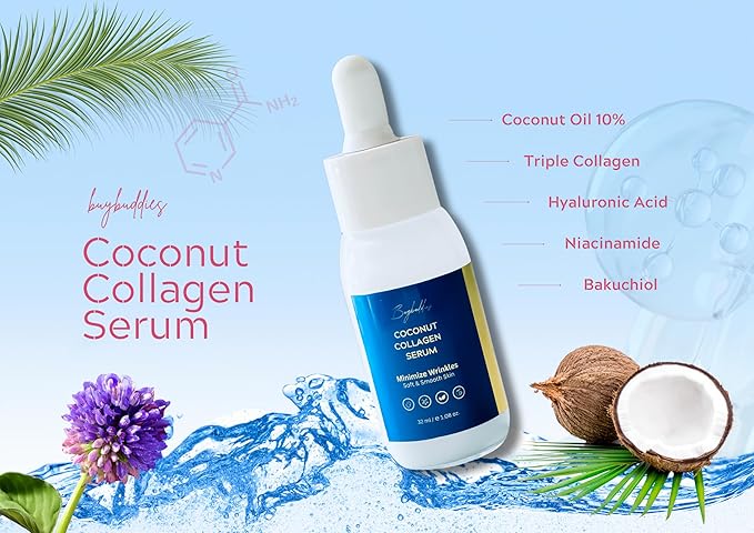 Coconut Collagen Serum For Face with Vitamin C - Anti Aging, Discoloration Correcting & Hydrating Serums - Hyaluronic Acid, Niacinamide & Bakuchiol - Vegan Dark Spot Remover - 1.08 Oz.