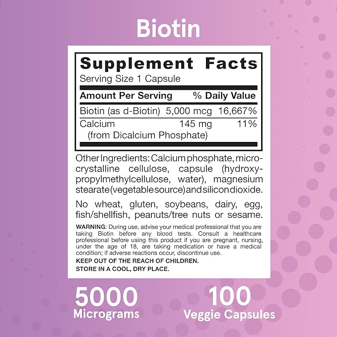 Jarrow Formulas Biotin Ultra Strength 5000 mcg, Dietary Supplement, Hair, Skin, and Nails Support, 100 Veggie Capsules, Up to 100 Day Supply