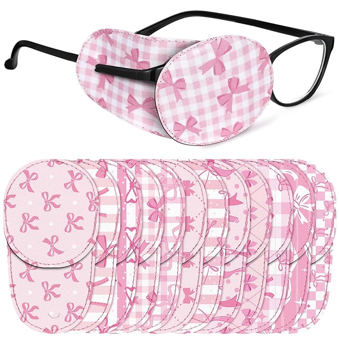 Newcotte 12 Pcs Eye Patch for Kids Toddler Reusable Adjustable Girls Boys Eyepatch for Glasses Left or Right Eye Patch, Assorted Patterns (Pink Coquette Bow)