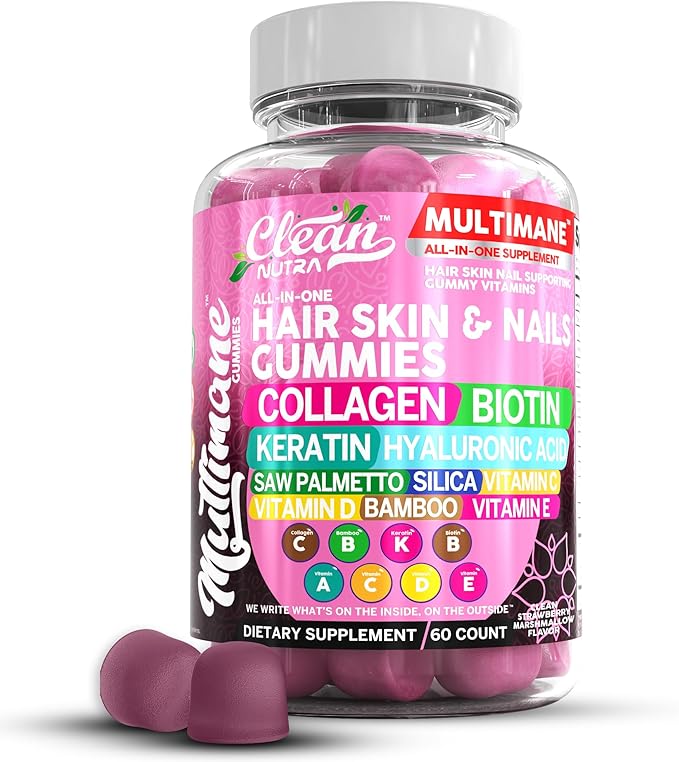 Clean Nutraceuticals Biotin Collagen Keratin Gummies | Hair Skin and Nails Vitamins for Women | Hyaluronic Acid Bamboo Vitamin A C D3 E Folate With Saw Palmetto Silica B3 B12 Vegan Gummy