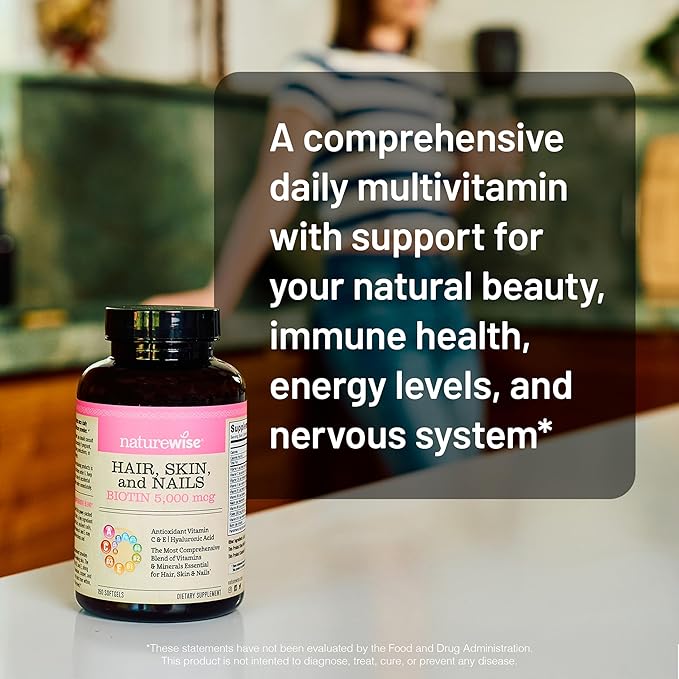 NatureWise Hair Skin and Nails Vitamin, Biotin 5000mcg w/Hyaluronic Acid, Collagen for Women with C, B Complex, D3, A, E, Iron - Non-GMO, Gluten Free - 270 Softgels[3-Month Supply]
