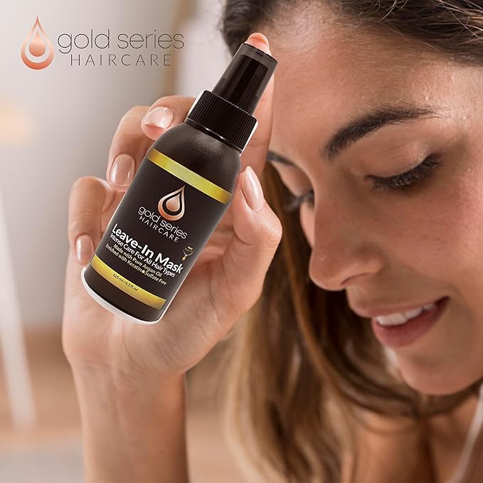 Gold Series Leave-In Hair Mask – Argan Oil Hair Mask Enriched with Keratin – Nourishing and Gently Detangling Leave In Conditioner Spray for Curly, Frizzy or Damaged Hair, 4.2 Fl.oz