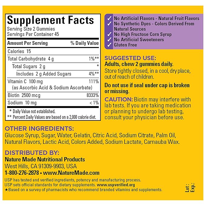 Nature Made Hair Skin and Nails with Biotin 2500 mcg, Dietary Supplement for Healthy Hair, Skin & Nails Support, 90 Gummies, 45 Day Supply