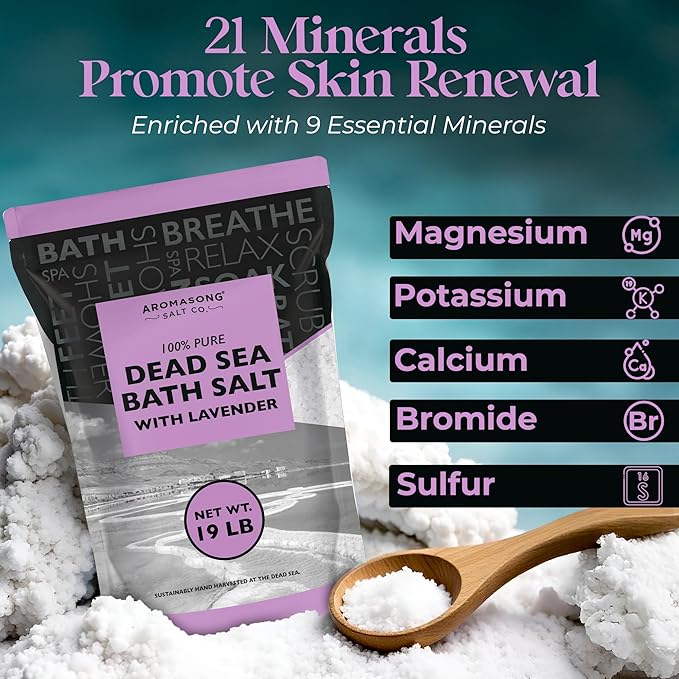 Aromasong Pure Dead Sea Salt for Soaking with 100% Natural Lavender, 19 LB - Spa Bath Salt Fine Grain - Body Wash Scrub - Soak for Women & Men- Bulk Resealable Pack (Packaging May Vary)