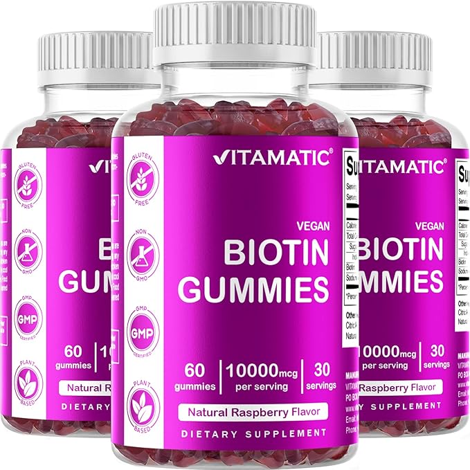 Vitamatic Biotin Gummies 10,000 mcg for Stronger Hair, Skin & Nails - 60 Vegan Gummies - Also Called Vitamin B7 (3 Bottles)