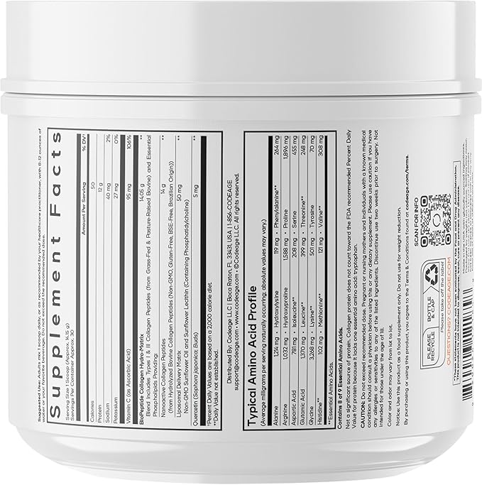 Codeage Liposomal Collagen Peptides Powder + Vitamin C & Quercetin Phytosome, Phospholipid Complex, Grass-Fed Pasture-Raised Hydrolyzed Collagen Type I & III Supplement All-in-One, Non-GMO, 14.97 oz