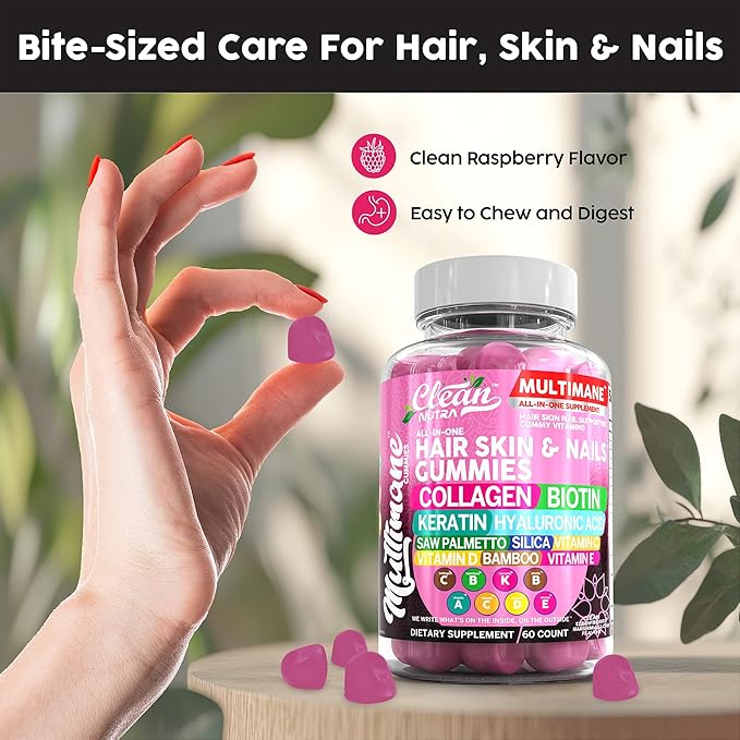 Multimane Collagen Gummies with Biotin Keratin Hyaluronic Acid Bamboo Vitamin A C Vitamin D Vitamin E Folate Saw Palmetto Silica B3 Vitamins Hair Skin and Nails Gummies by Clean Nutra