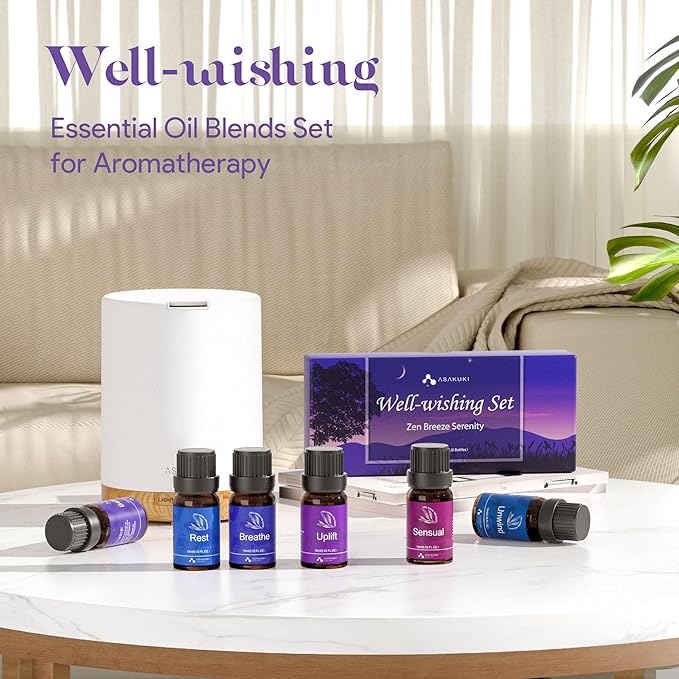 ASAKUKI Essential Oils, Essential Oil Blends Set for Diffusers, Humidifiers, Candle Making, Aromatherapy-Breathe, Uplift, Sensual, Rest, Unwind, Balance, 6 * 10ml