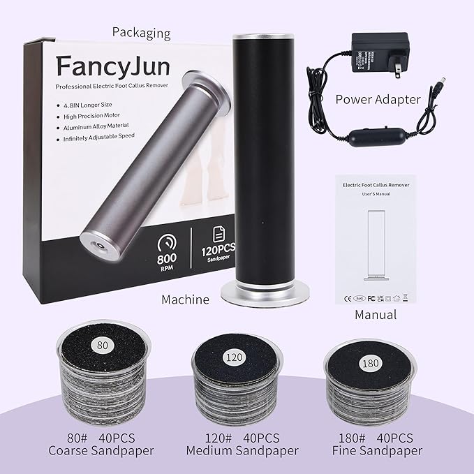 Professional 800RPM Electric Foot Callus Remover with 120pcs Sandpaper Discs, 4.8IN Aluminum Callus Remover for Feet, Stepless Speed Control Foot File for Dead Skin (Black)