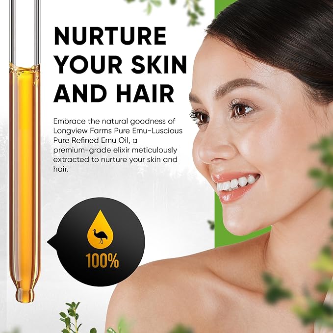 Longview Farms® Emu Oil - Hair and Body Oil - 100% Pure & Refined Emu Oil | Pure Emu Oil for Skin & Hair Care | Premium Quality Hydration & Nourishment | 4 Fl. Oz