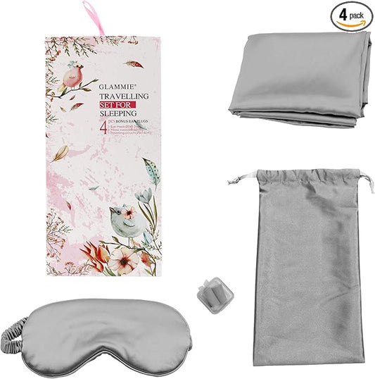 Satin Sleep Mask Set - Authentic Skin-Friendly Fabric Light-Blocking Sleeping Eye Mask with Adjustable Strap, Pillowcase, Earplugs for Noise Reduction, Essentials for Relaxation (Grey)