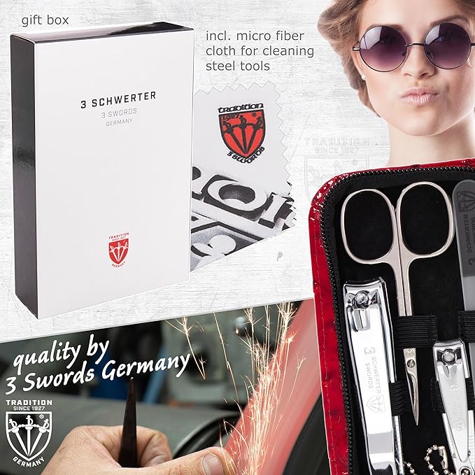 3 Swords Germany - brand quality 8 piece manicure pedicure grooming kit set synthetic leather case red ostrich - Made in Germany